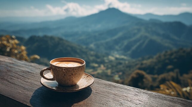 Start your day with a stunning mountain view and delicious latte art, perfect for travel blogs and wellness retreats, serene coffee break in nature, morning tranquility