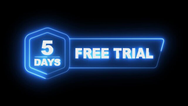 glowing neon 5 Days Free Trial Banner icon animation on black background. 5 days free trial label icon badge. 5 days free trial icon animation. Business products 5 days free trial offer video.