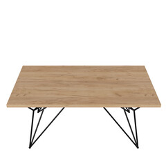 Contemporary dining table in loft style with black metal frame and wooden tabletop. Minimalist kitchen or dining room furniture on white background.