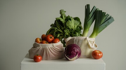 Fresh organic vegetables assortment in reusable eco friendly shopping bags