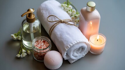 Relaxing spa set up with bath bomb towel and lit candle