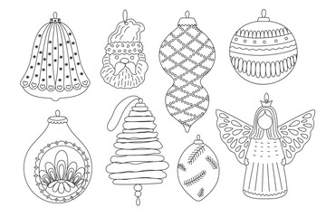 Christmas tree baubles set in different forms festive decor doodle outline hand drawn simple vector illustration for winter holidays seasonal greeting card, invitation, sticker, line art clipart