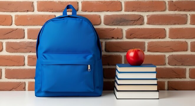Back to school concept with a bright blue backpack, a pile of books, and a fresh red apple on a table