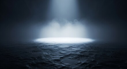 Obraz premium Powerful spotlight pierces through thick smoke, illuminating a textured, dark floor in a dramatic, mysterious setting