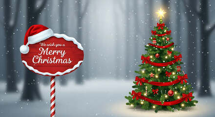 Merry christmas sign and decorated tree in snowy winter forest