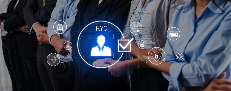 A group of professionals participates in the KYC process, illustrating the importance of identity verification in banking and finance with digital security symbols. Trope