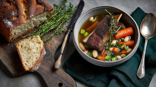 Hearty beef short rib soup with vegetables in a rustic bowl. Homemade comfort food with artisanal crusty bread for a winter dinner