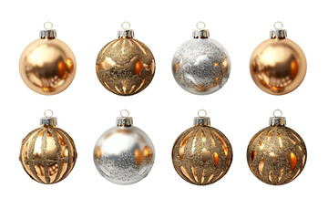 set of gold and silver christmas baubles, metallic holiday ornaments isolated