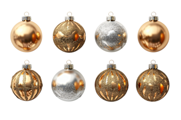 set of gold and silver christmas baubles, metallic holiday ornaments isolated