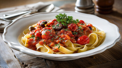Homemade tagliatelle pasta with a fresh tomato and olive sauce. Delicious Italian cuisine served in a rustic bowl on a wooden table