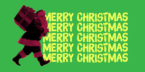 Halftone retro santa carrying oversized festive gifts in bold vintage grunge style for christmas