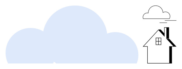 Large pastel cloud and simple house sketch with a chimney and small cloud. Ideal for weather, technology, environment, real estate, data, communication, family. Clean and simple flat metaphor