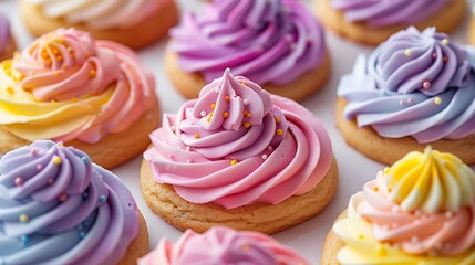 Close up view of several colorful frosted cookies arranged on a white surface in a pattern