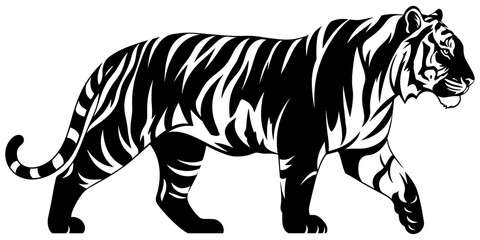 Stylized tiger walking right, bold black and white stripes, graphic wildlife illustration, majestic animal pose, powerful nature design