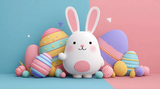 Delightful Easter bunny with pastel eggs creating joyful spring celebration vibes, perfect for holiday promotions and seasonal marketing, bringing smiles with cute charm