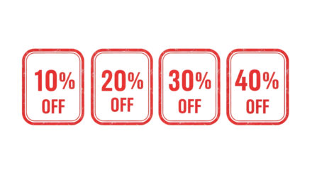 Red grunge discount stamps with 10%, 20%, 30%, and 40% off offers, isolated on white isolated on transparent background