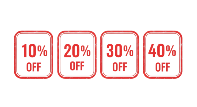 Red grunge discount stamps with 10%, 20%, 30%, and 40% off offers, isolated on white isolated on transparent background - Powered by Adobe