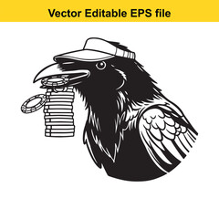 Fototapeta premium Black and white vector illustration of a clever raven wearing a visor and holding a stack of casino poker chips in its beak, isolated on