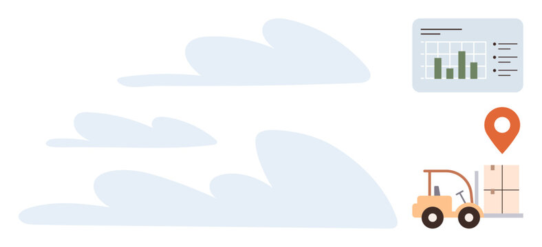 Forklift moving boxes, map marker for location, analytics chart, and sky. Ideal for logistics, delivery, data analysis, shipping tracking business planning and cloud solutions. Simple flat