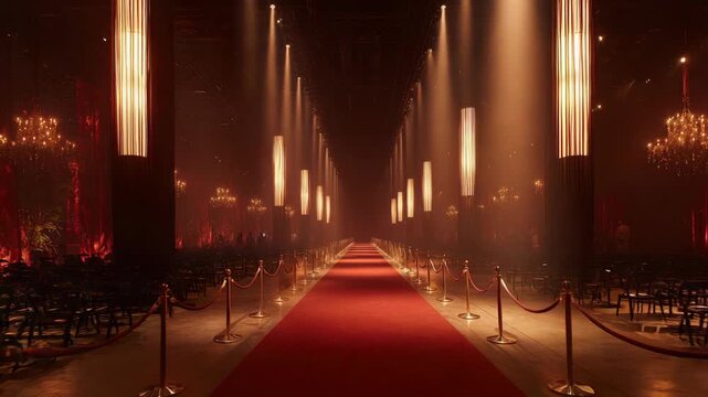 Grand Red Carpet Entrance Lined with Golden Stanchions Illuminated by Dramatic Spotlights and Ornate Chandeliers Creates an Atmosphere of Opulence and Elegance Within a Dark
