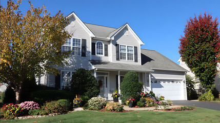 Elegant suburban residence with autumnal foliage and manicured landscaping suburban house residential
