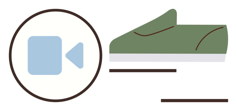 Green shoe and blue video camera icon connected by minimalist design. Ideal for fitness, virtual training, exercise, online coaching, digital wellness, sports tracking, simple flat metaphor
