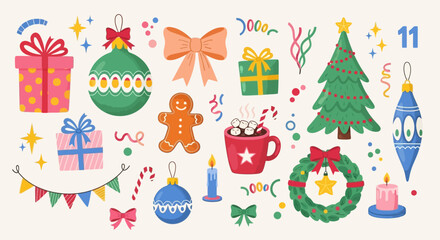 Festive christmas flat lay illustration with ornaments and holiday decorations