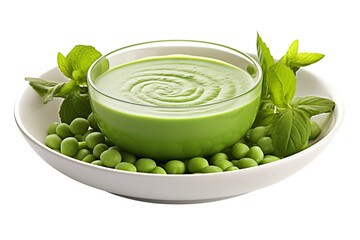 green pea sauce in bowl with fresh peas, creamy vegetable dip isolated