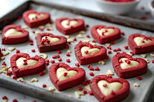Red heart shaped cookies with cream filling and heart sprinkles on a baking sheet for valentine's day - Powered by Adobe