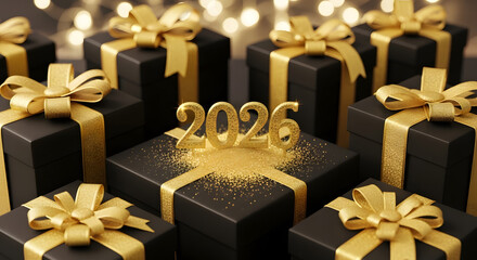 Elegant black and gold gift boxes with 2026 numbers for new year