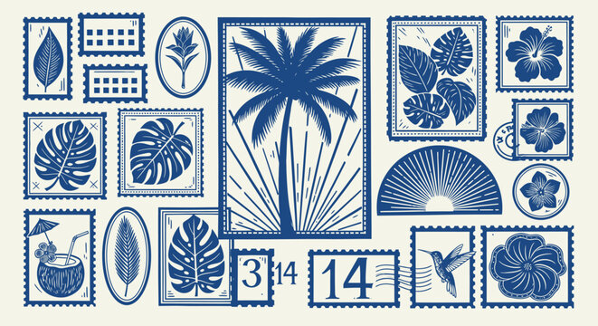 Collection of blue tropical stamps with palm trees and flowers illustration 