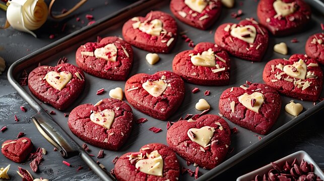 Heart shaped red velvet cookies with white chocolate on a baking sheet for valentine's day treat