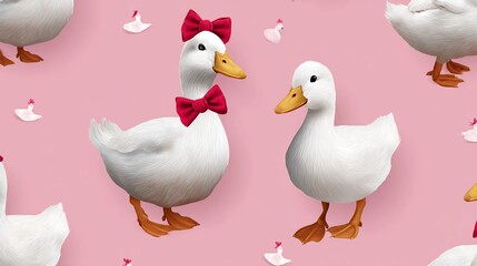 Adorable white ducks with charming red bow ties on pink backdrop, perfect for playful children's designs and springtime themes, adding a touch of whimsy and delightful cheer