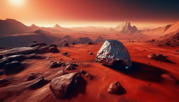 a detailed view of a meteorite on the surface of mars with the planet s red landscape in the background