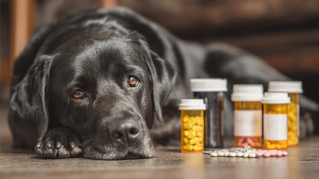 Worried black labrador needing medication rests its head with bottles of pills, conveying pet health concerns and the importance of veterinary care and responsible pet ownership