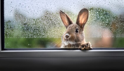 curious rabbit peeks through rainy window