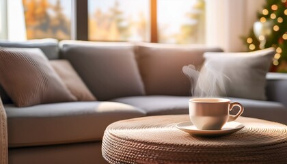 hot coffee drink on living room coffee table home interior design cozy comfortable furniture lifestyle relaxing warm modern home interior inspiration