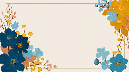 ネイビーと黄色の花のフレーム、青い花と金色の枠のボタニカルイラスト背景