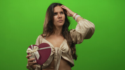 Young hispanic woman holding heart shaped gift box and exposed cleavage while touching chin in green studio; thoughtful doubt decision.