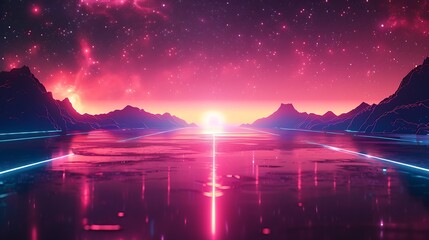 Aesthetic vaporwave landscape with mountains, neon lights, and a pink and purple starry sky