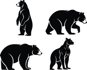 Stylized bear silhouettes, black and white illustration, wild animal poses, muscular bear design, forest wildlife art, flat vector illustration