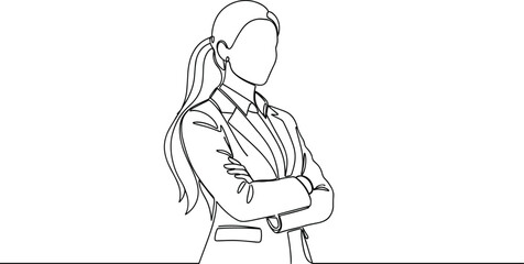 Confident businesswoman line art illustration, professional woman with crossed arms, leadership concept, minimal continuous line drawing for design © Montaha Creatives