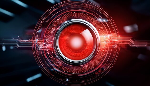 futuristic red eye lens with glowing light symbolizing artificial intelligence and advanced tech