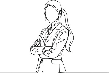 Professional businesswoman line art illustration, confident female leader outline drawing, corporate woman standing with arms crossed, minimalist vector sketch © Montaha Creatives