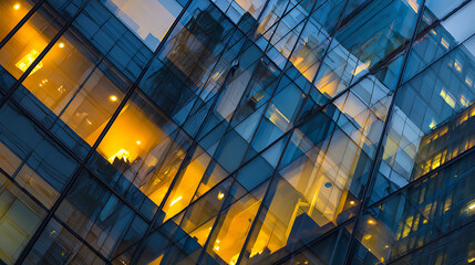 Geometric glass facade illuminated by warm interior lights architecture building