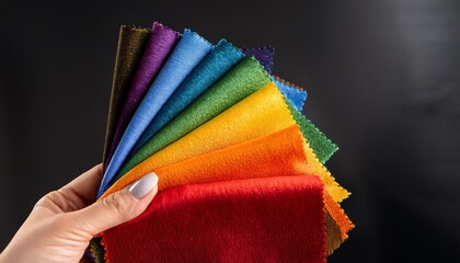 hand displays rainbow colored fabric swatches against a black background