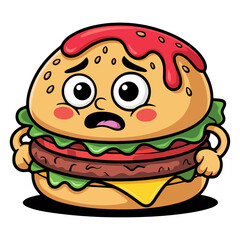Cartoon cheeseburger character with a sesame bun, lettuce, tomato, and beef patty isolated on white, hamburger, burger, cheeseburger, food, sandwich, isolated, vector, illustration.