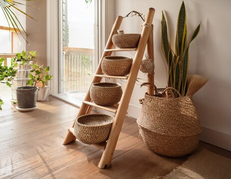 rustic bamboo ladder with woven steps for natural home decor and storage solutions display