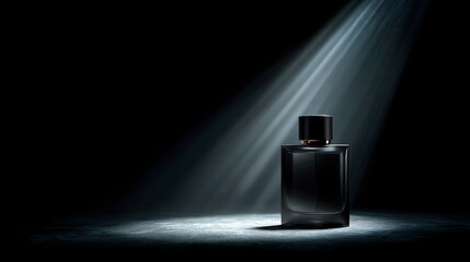 Elegantly spotlighted black perfume bottle for sophisticated fragrance ad campaigns or luxurious brand imagery, conveying mystery and allure with a modern, refined aesthetic