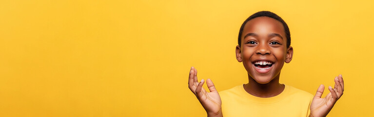 Pupil reacting with joy, happy child smiling with raised hands on yellow background, childhood positivity and emotional wellbeing